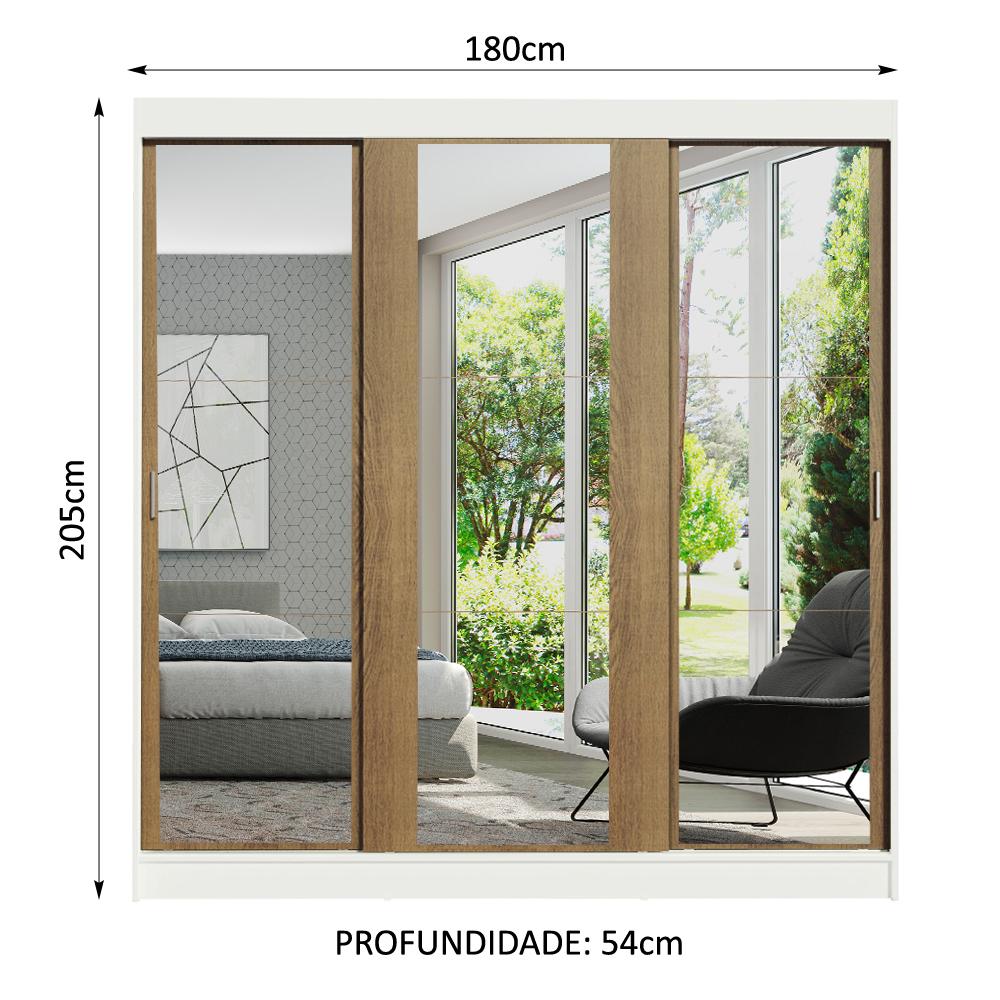 Guarda-Roupa Casal Madesa Reno 3 Portas de Correr de Espelho - Branco/Rustic