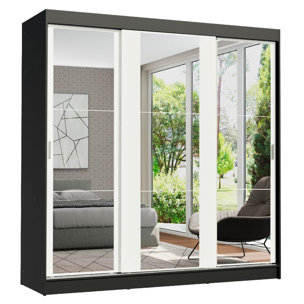 Guarda-Roupa Casal Madesa Reno 3 Portas de Correr de Espelho - Preto/Branco