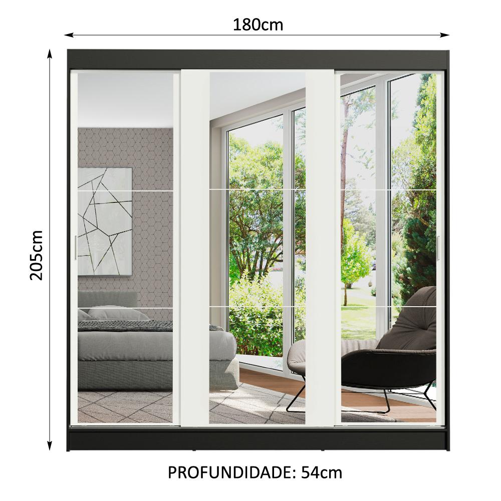 Guarda-Roupa Casal Madesa Reno 3 Portas de Correr de Espelho - Preto/Branco