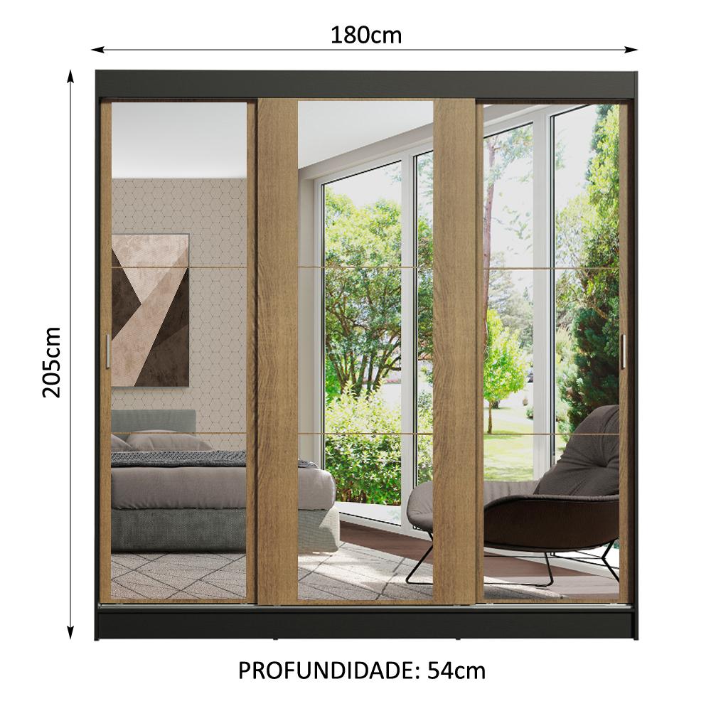 Guarda-Roupa Casal Madesa Reno 3 Portas de Correr de Espelho - Preto/Rustic