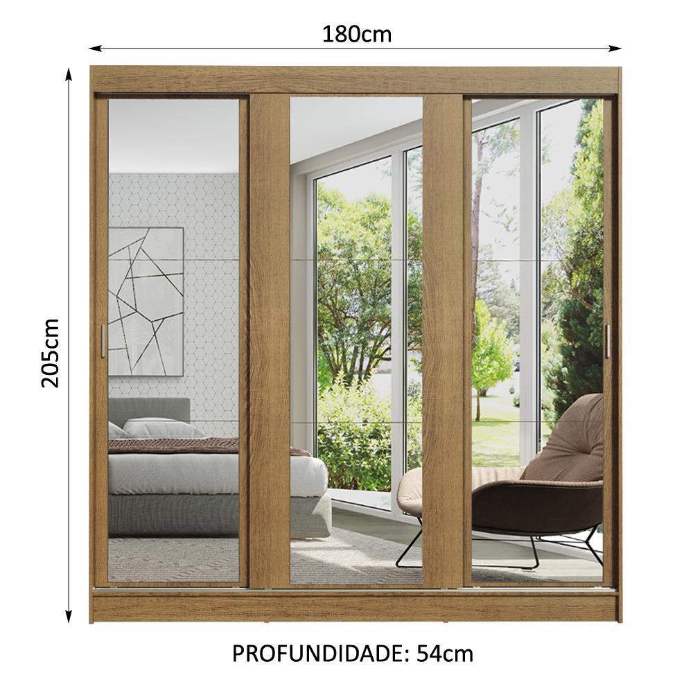 Guarda-Roupa Casal Madesa Reno 3 Portas de Correr de Espelho - Rustic