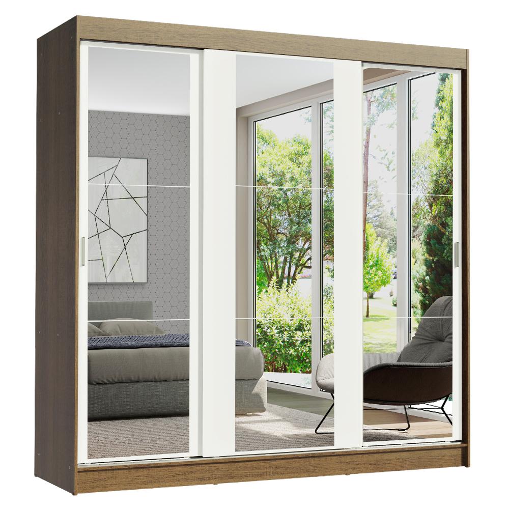 Guarda-Roupa Casal Madesa Reno 3 Portas de Correr de Espelho - Rustic/Branco