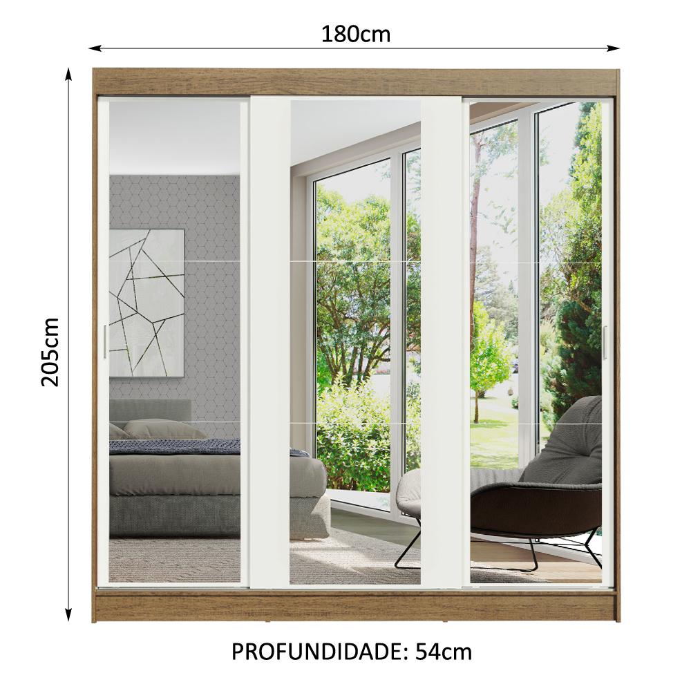 Guarda-Roupa Casal Madesa Reno 3 Portas de Correr de Espelho - Rustic/Branco