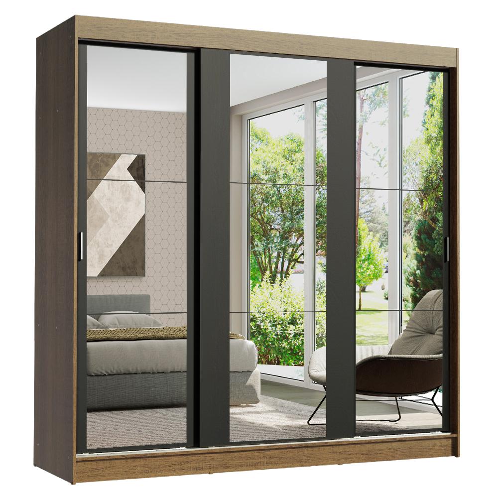 Guarda-Roupa Casal Madesa Reno 3 Portas de Correr de Espelho - Rustic/Preto