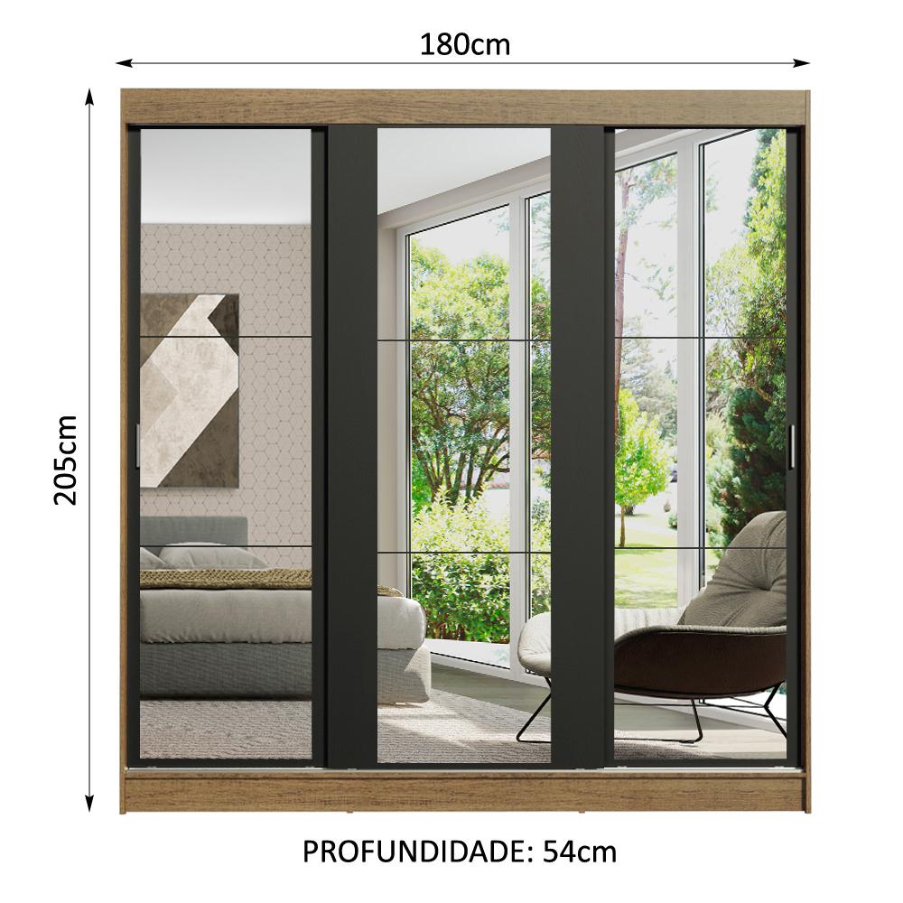 Guarda-Roupa Casal Madesa Reno 3 Portas de Correr de Espelho - Rustic/Preto