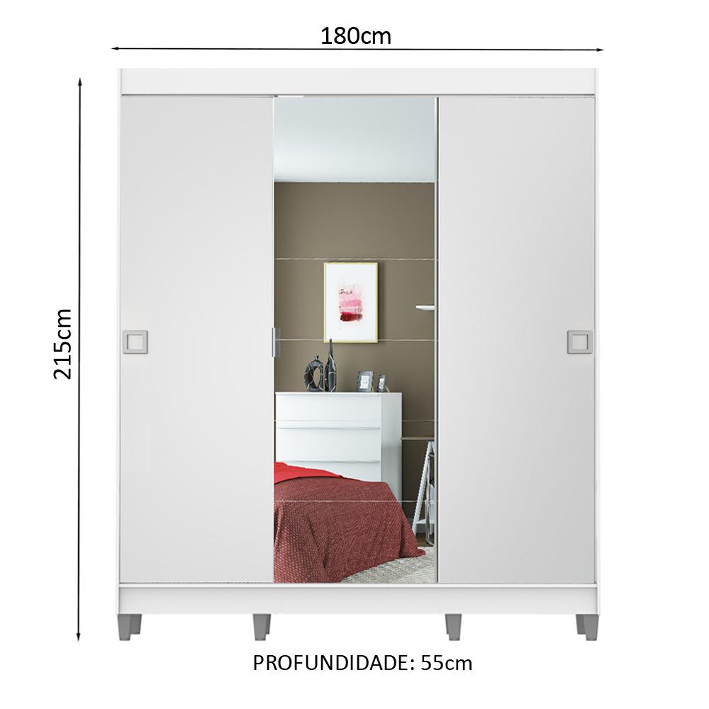 Guarda-Roupa Casal Madesa Veneza 3 Portas de Correr com Espelho com Pés - Branco