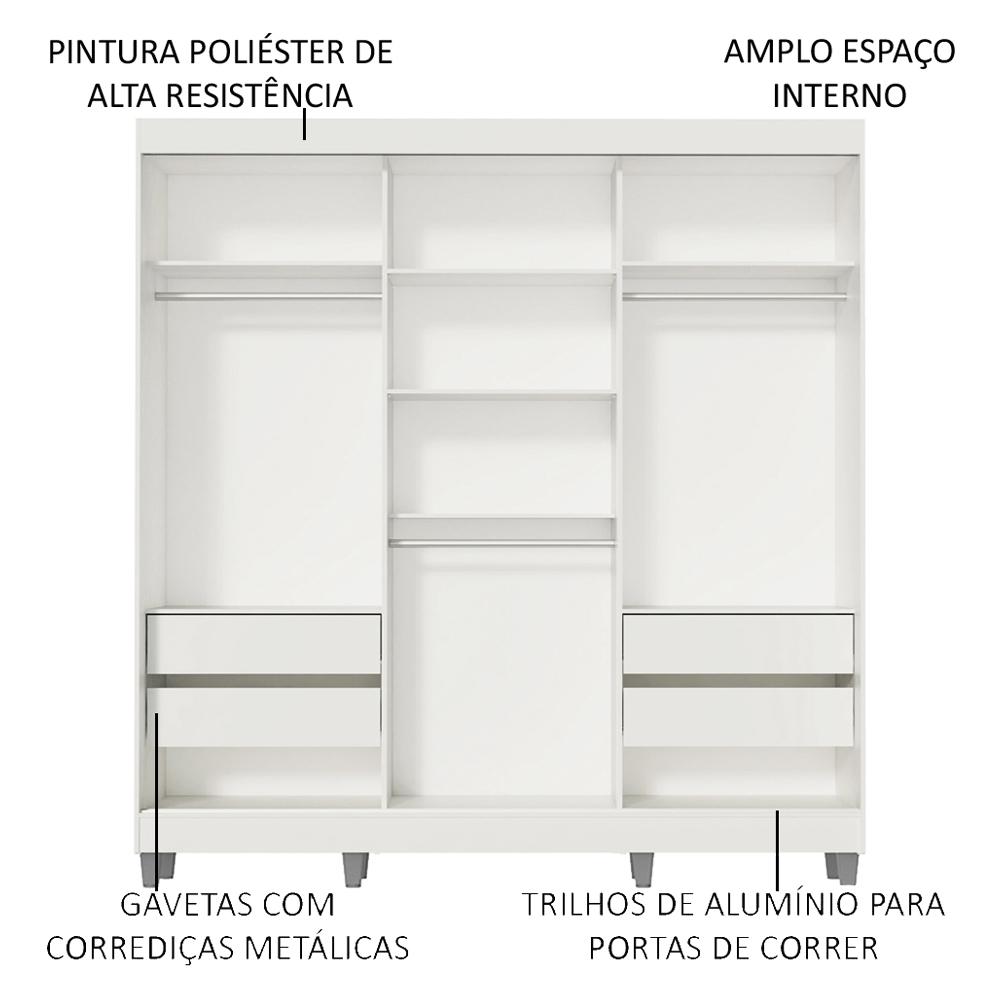 Guarda-Roupa Casal Madesa Veneza 3 Portas de Correr com Espelhos com Pés - Branco