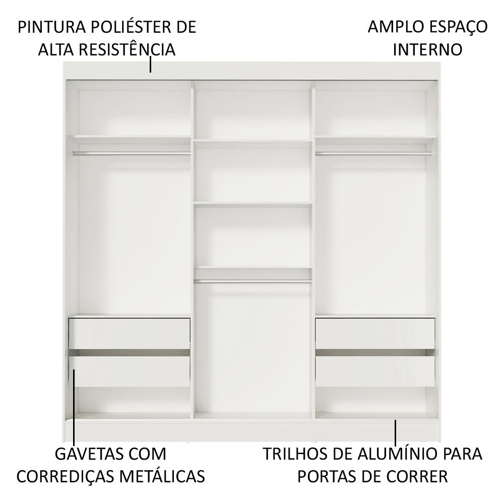Guarda-Roupa Casal Madesa Veneza 3 Portas de Correr de Espelhos - Branco