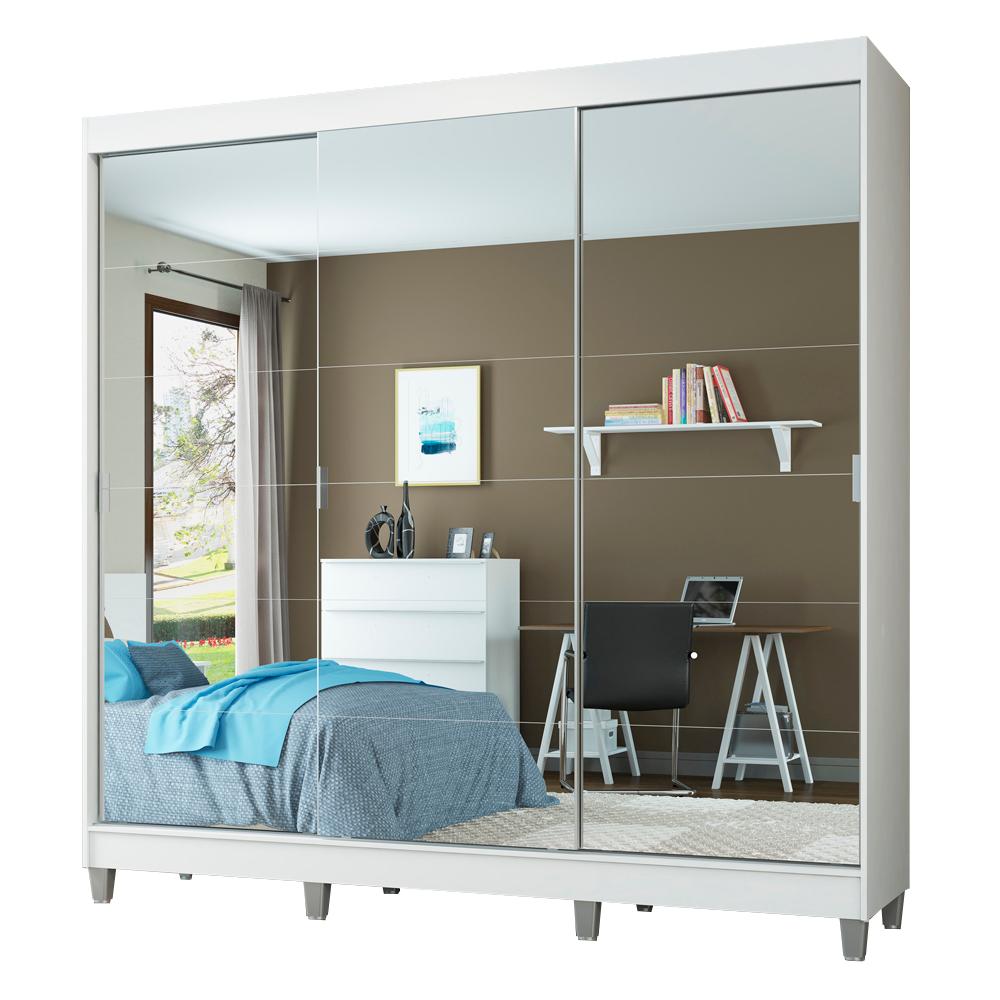 Guarda-Roupa Casal Madesa Veneza 3 Portas de Correr de Espelhos com Pés - Branco