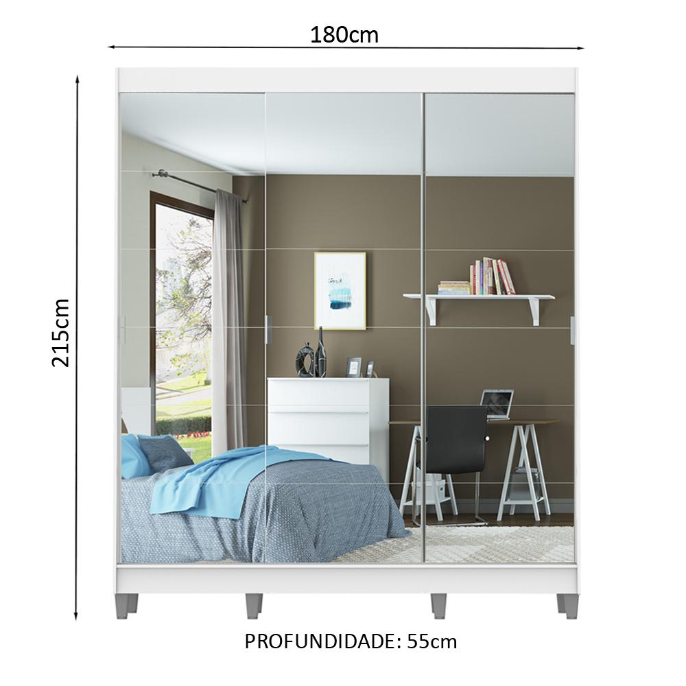 Guarda-Roupa Casal Madesa Veneza 3 Portas de Correr de Espelhos com Pés - Branco