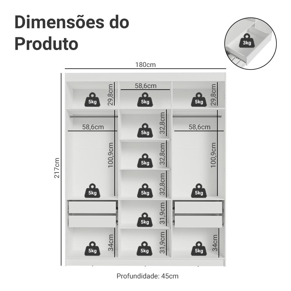 Guarda-Roupa Closet 4 Gavetas 180 cm Branco Venus Madesa