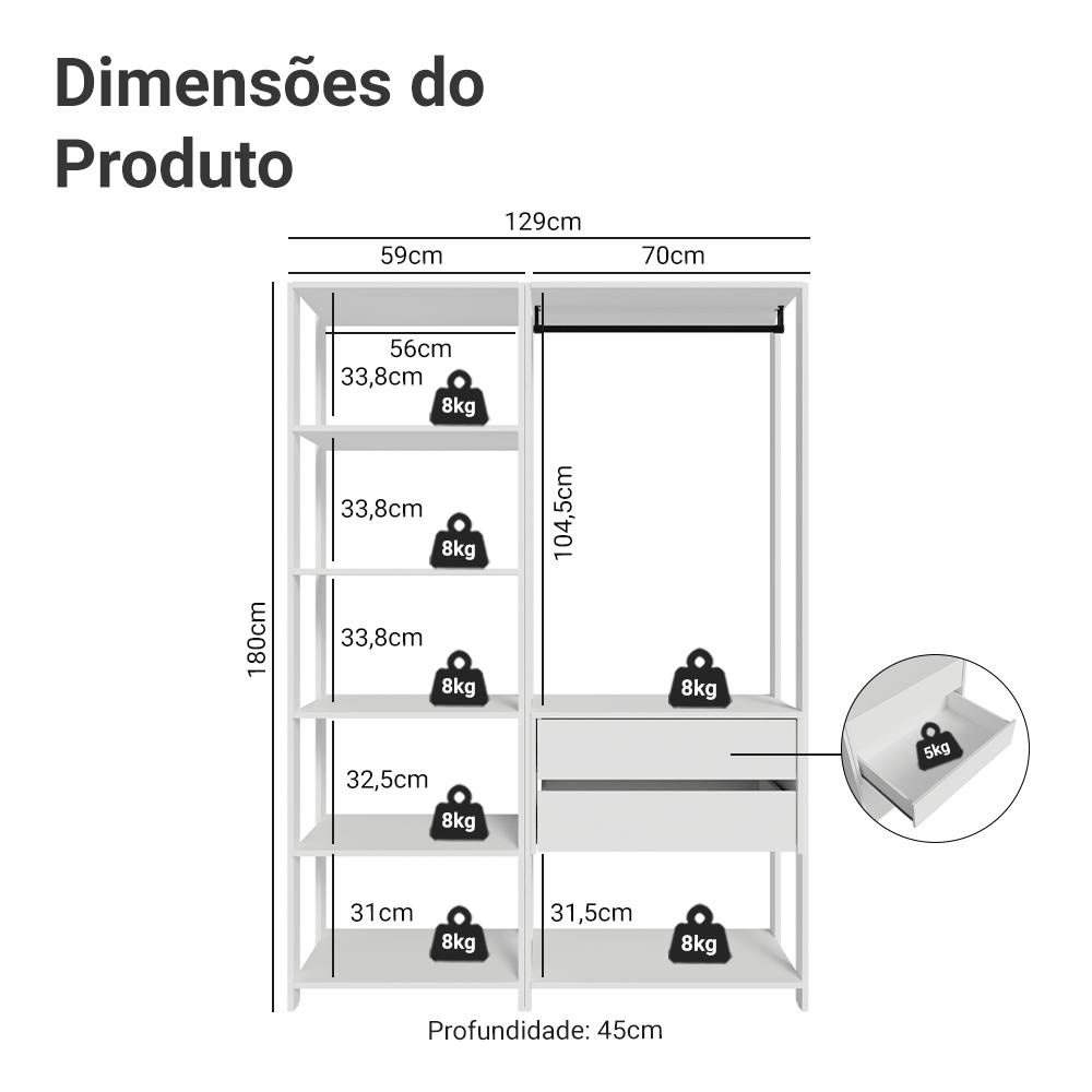 Guarda-Roupa Closet Modulado 2 Gavetas 129 cm Branco Valencia Madesa