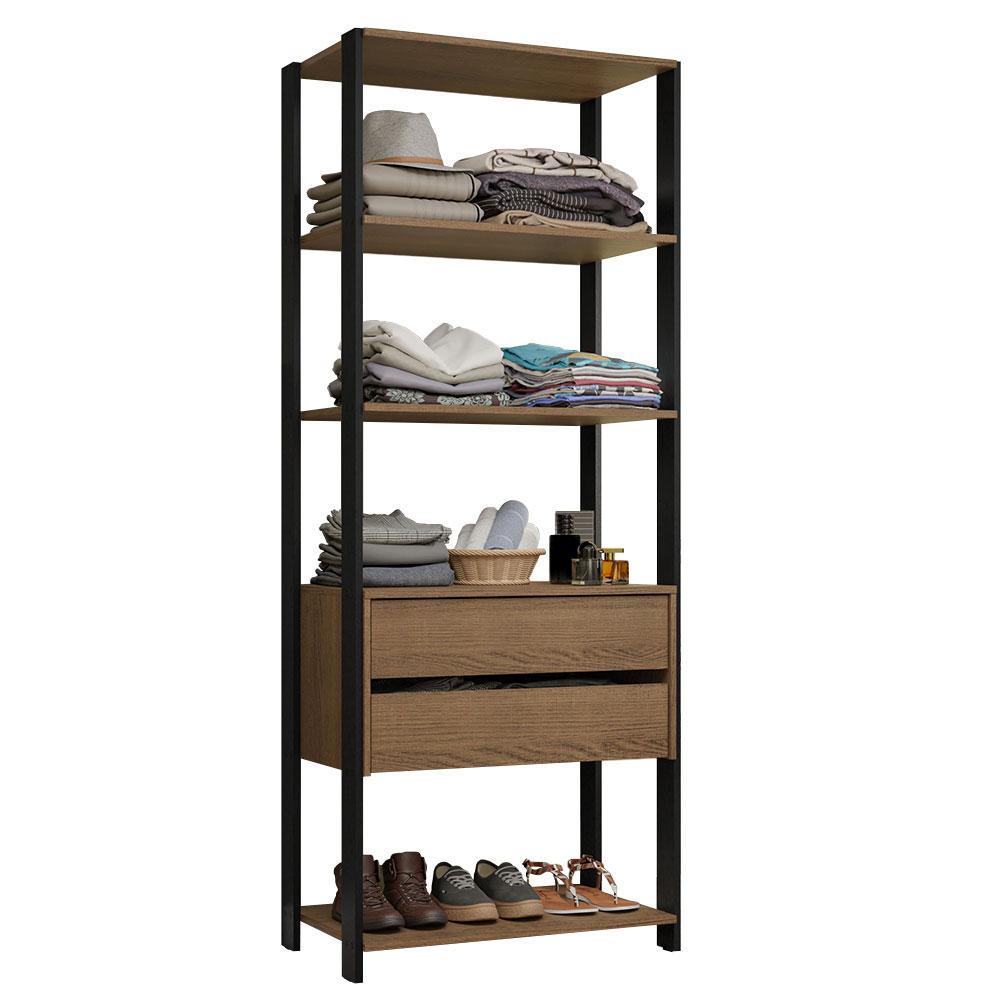 Guarda-Roupa Closet Modulado 2 Gavetas 4 Prateleiras 70cm Rustic/Preto Valencia Madesa