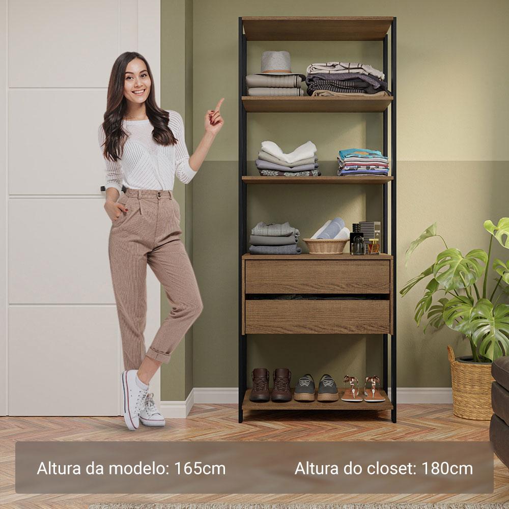 Guarda-Roupa Closet Modulado 2 Gavetas 4 Prateleiras 70cm Rustic/Preto Valencia Madesa
