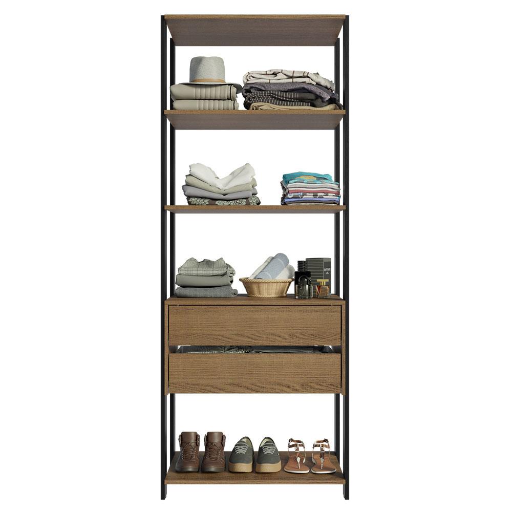 Guarda-Roupa Closet Modulado 2 Gavetas 4 Prateleiras 70cm Rustic/Preto Valencia Madesa