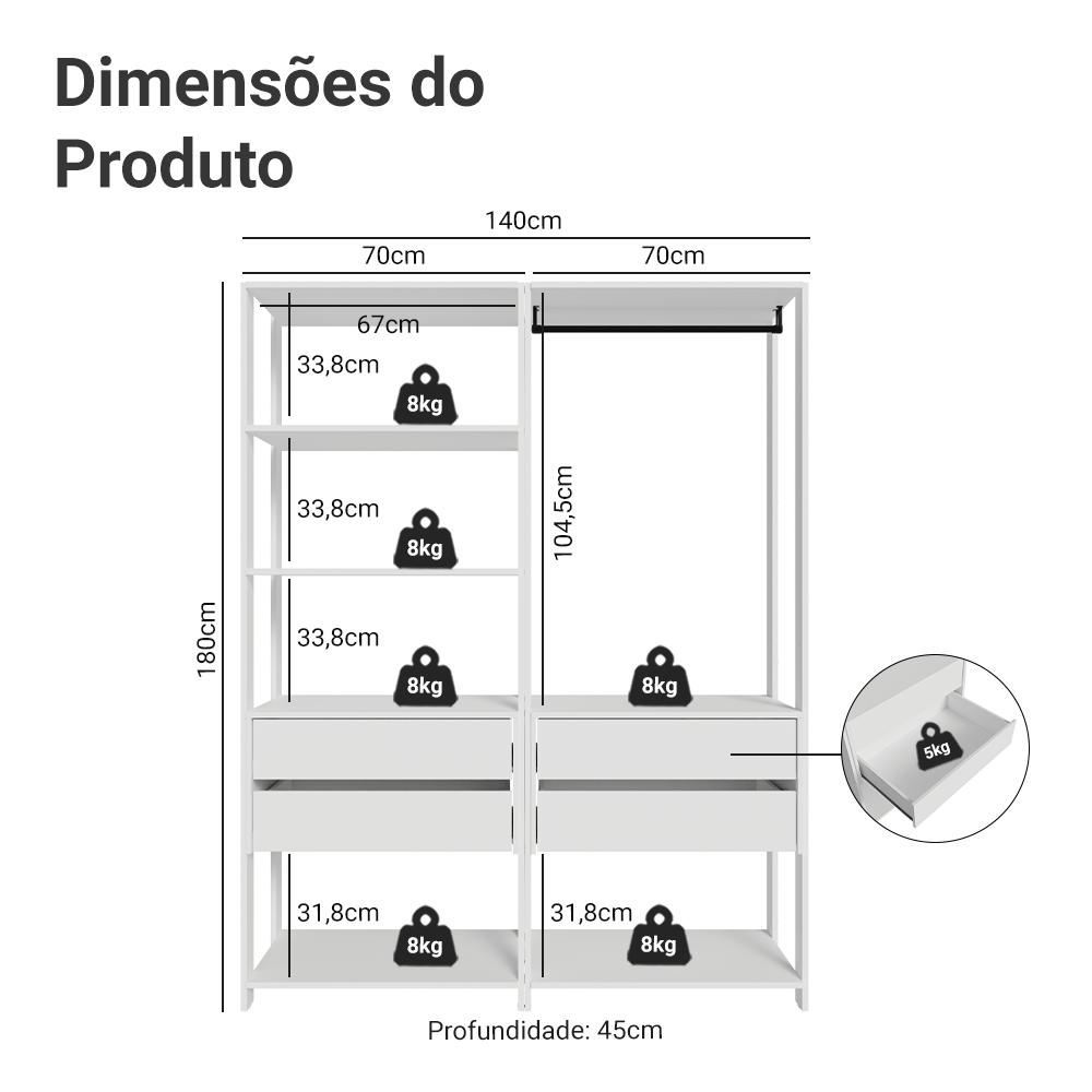 Guarda-Roupa Closet Modulado 4 Gavetas 140 cm Branco Valencia Madesa