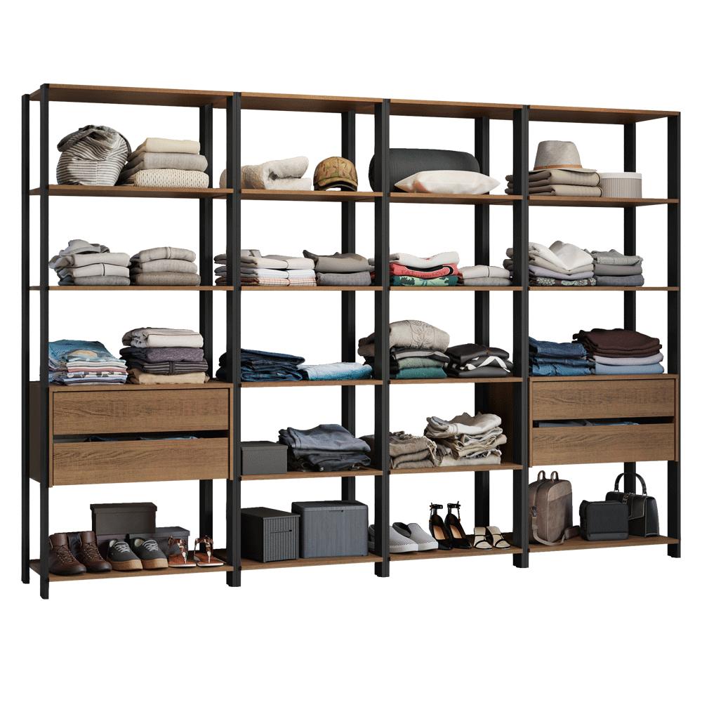 Guarda-Roupa Closet Modulado 4 Gavetas 18 Prateleiras 258cm Rustic/Preto Valencia Madesa