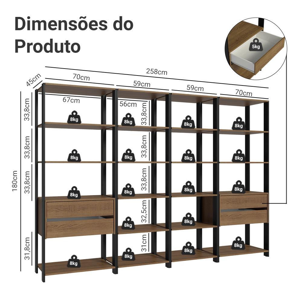 Guarda-Roupa Closet Modulado 4 Gavetas 18 Prateleiras 258cm Rustic/Preto Valencia Madesa