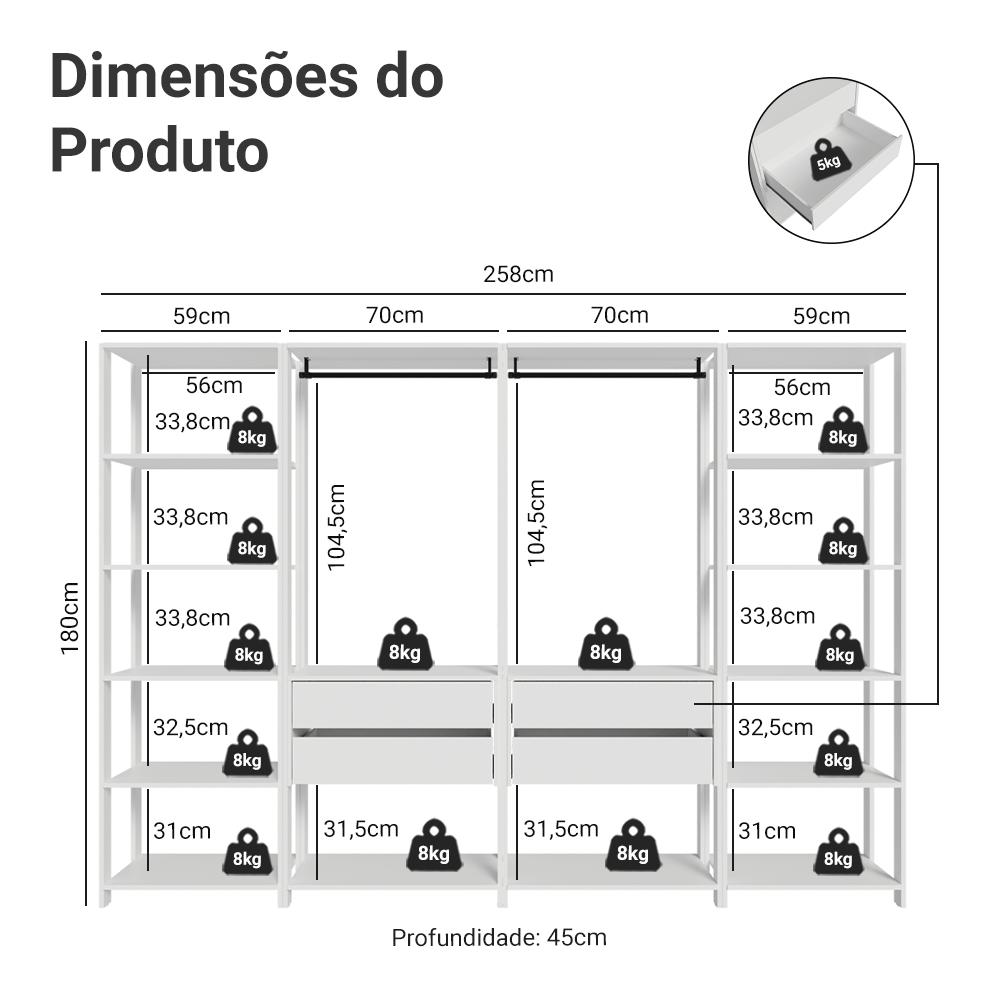 Guarda-Roupa Closet Modulado 4 Gavetas 258 cm Branco Valencia Madesa 01