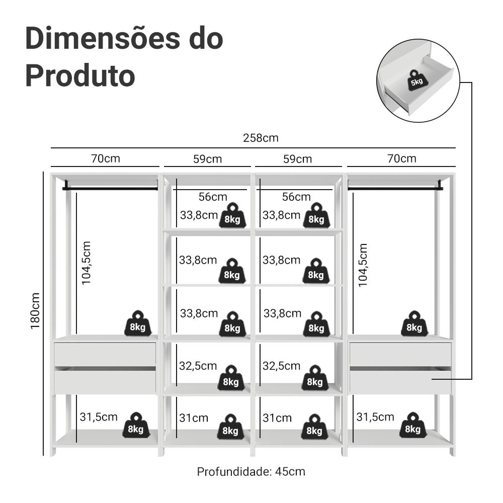 Guarda-Roupa Closet Modulado 4 Gavetas 258 cm Branco Valencia Madesa 02