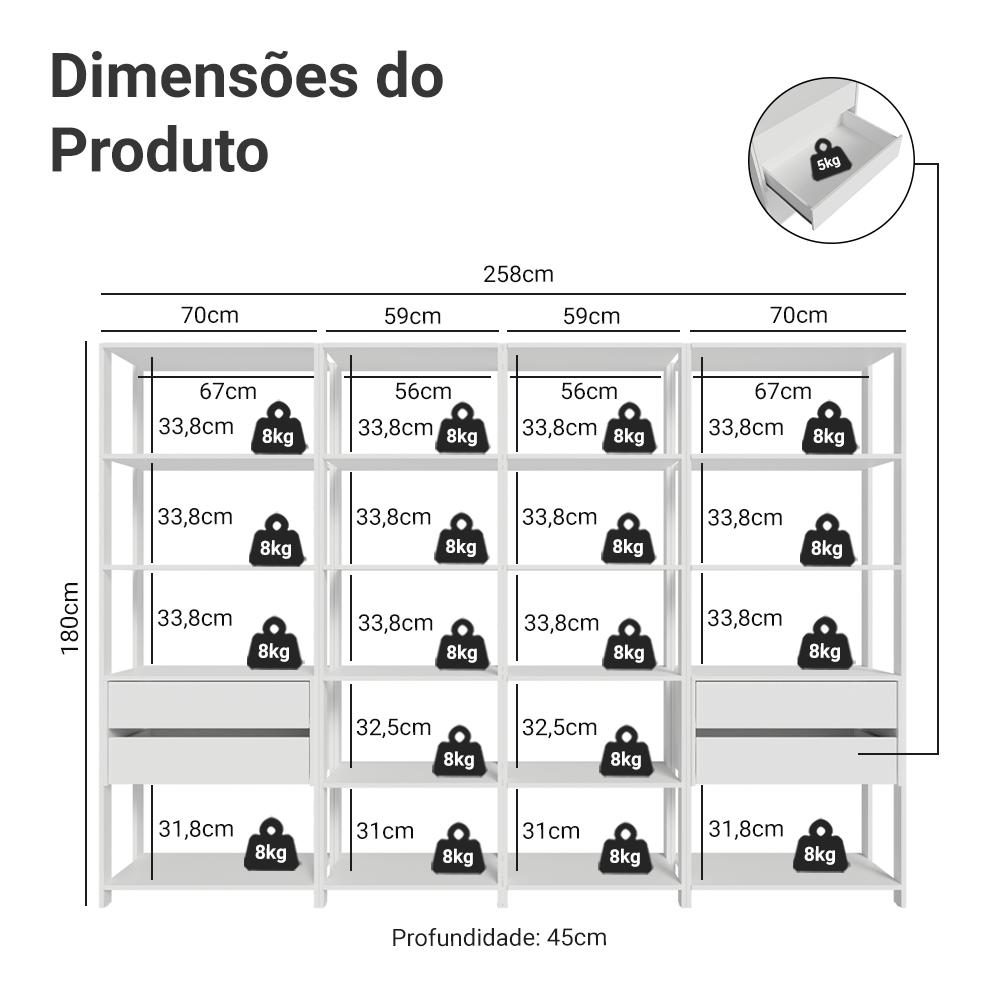 Guarda-Roupa Closet Modulado 4 Gavetas 258 cm Branco Valencia Madesa 06
