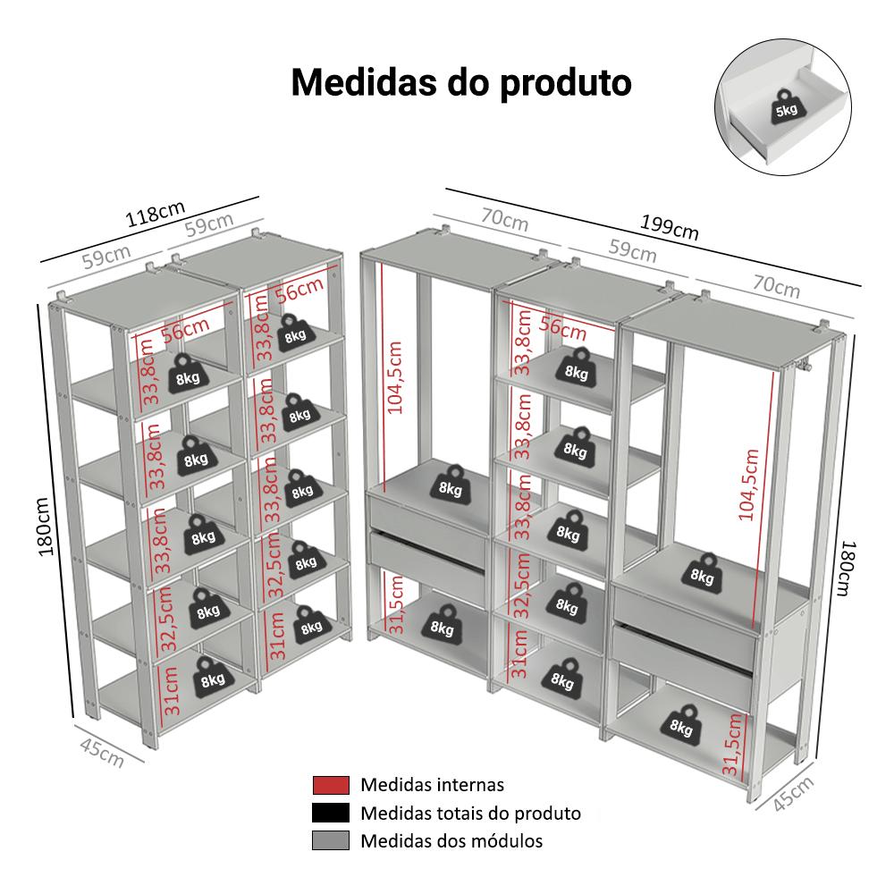 Guarda-Roupa Closet Modulado 4 Gavetas 317 cm Branco Valencia Madesa