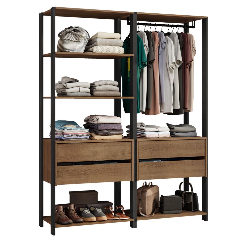 Guarda-Roupa Closet Modulado 4 Gavetas 6 Prateleiras 140cm Rustic/Preto Valencia Madesa