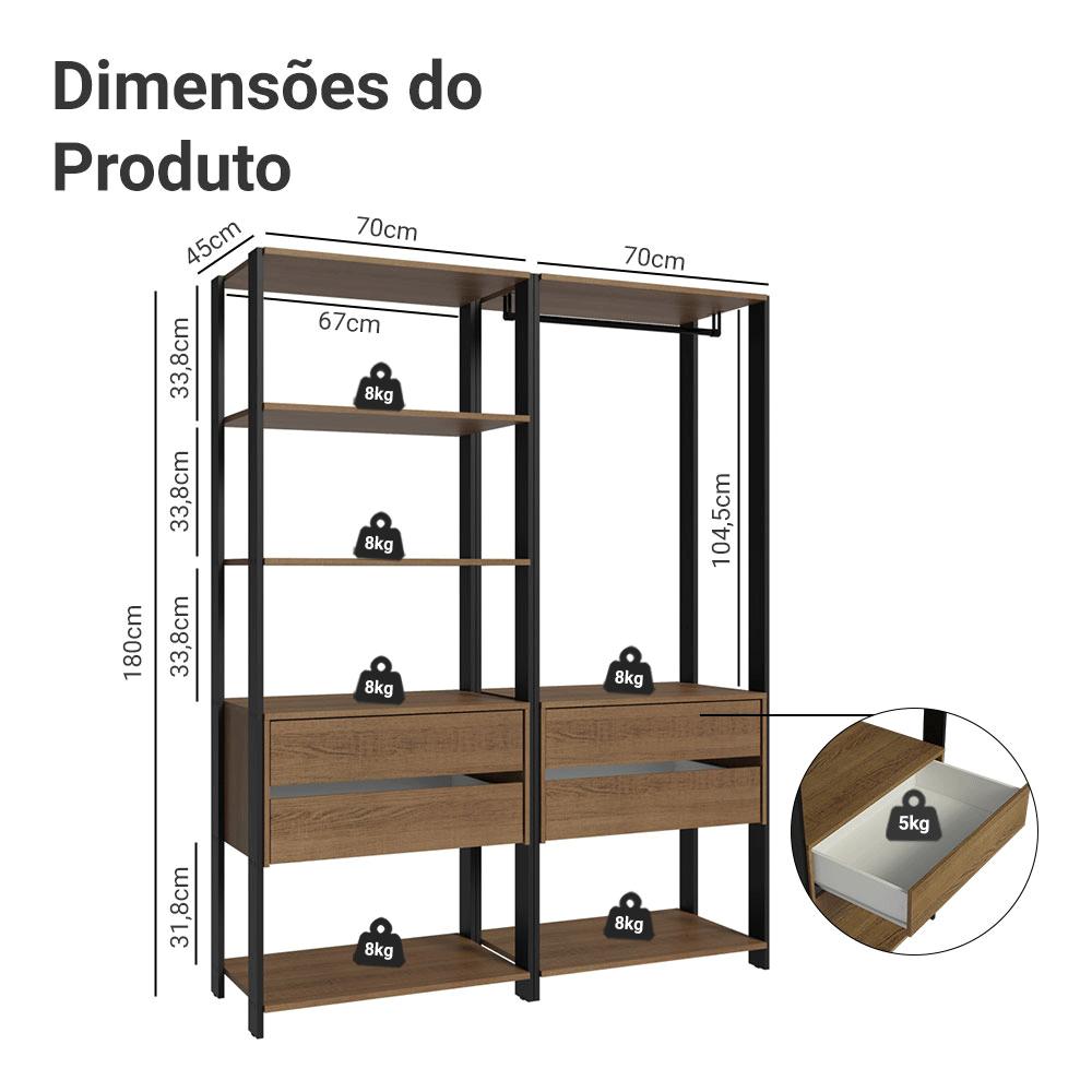 Guarda-Roupa Closet Modulado 4 Gavetas 6 Prateleiras 140cm Rustic/Preto Valencia Madesa