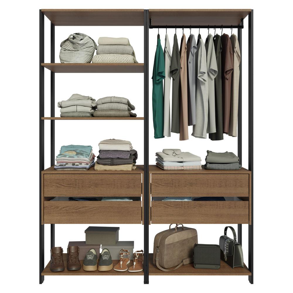 Guarda-Roupa Closet Modulado 4 Gavetas 6 Prateleiras 140cm Rustic/Preto Valencia Madesa