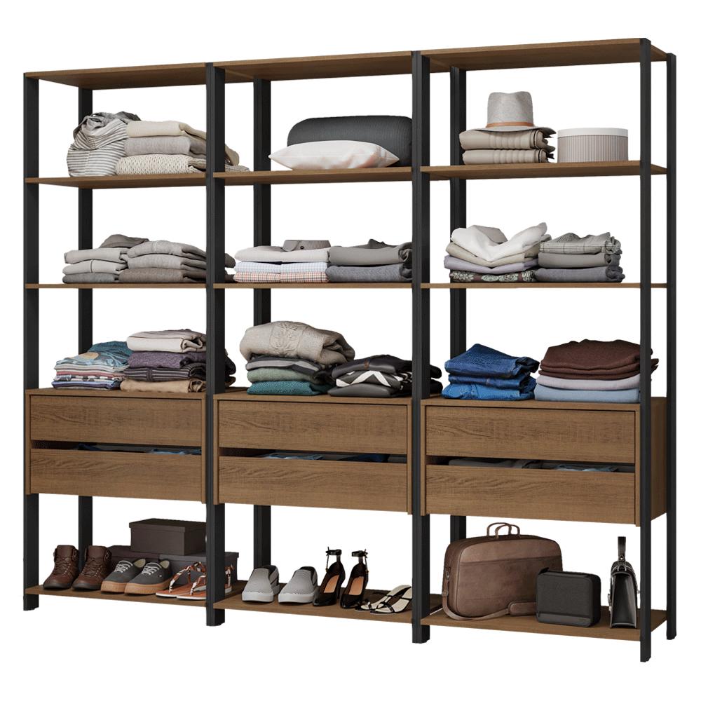 Guarda-Roupa Closet Modulado 6 Gavetas 12 Prateleiras 210cm Rustic/Preto Valencia Madesa