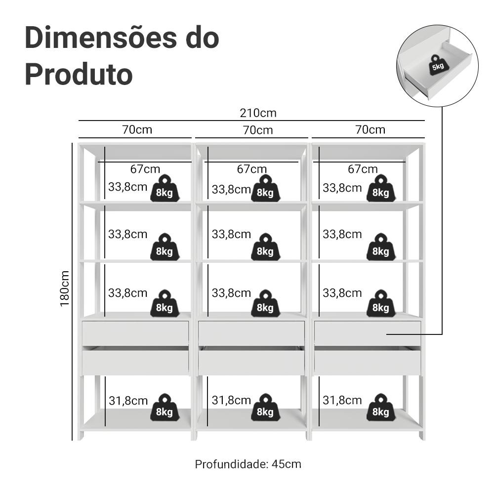Guarda-Roupa Closet Modulado 6 Gavetas 210 cm Branco Valencia Madesa