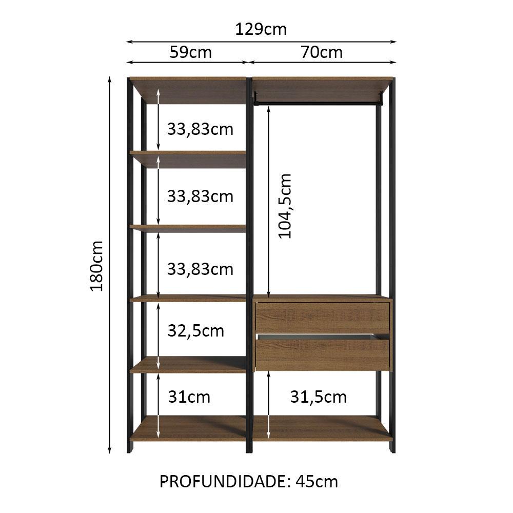 Guarda-Roupa Closet Modulado Valencia 2 Gavetas 129cm Rustic/Preto Madesa