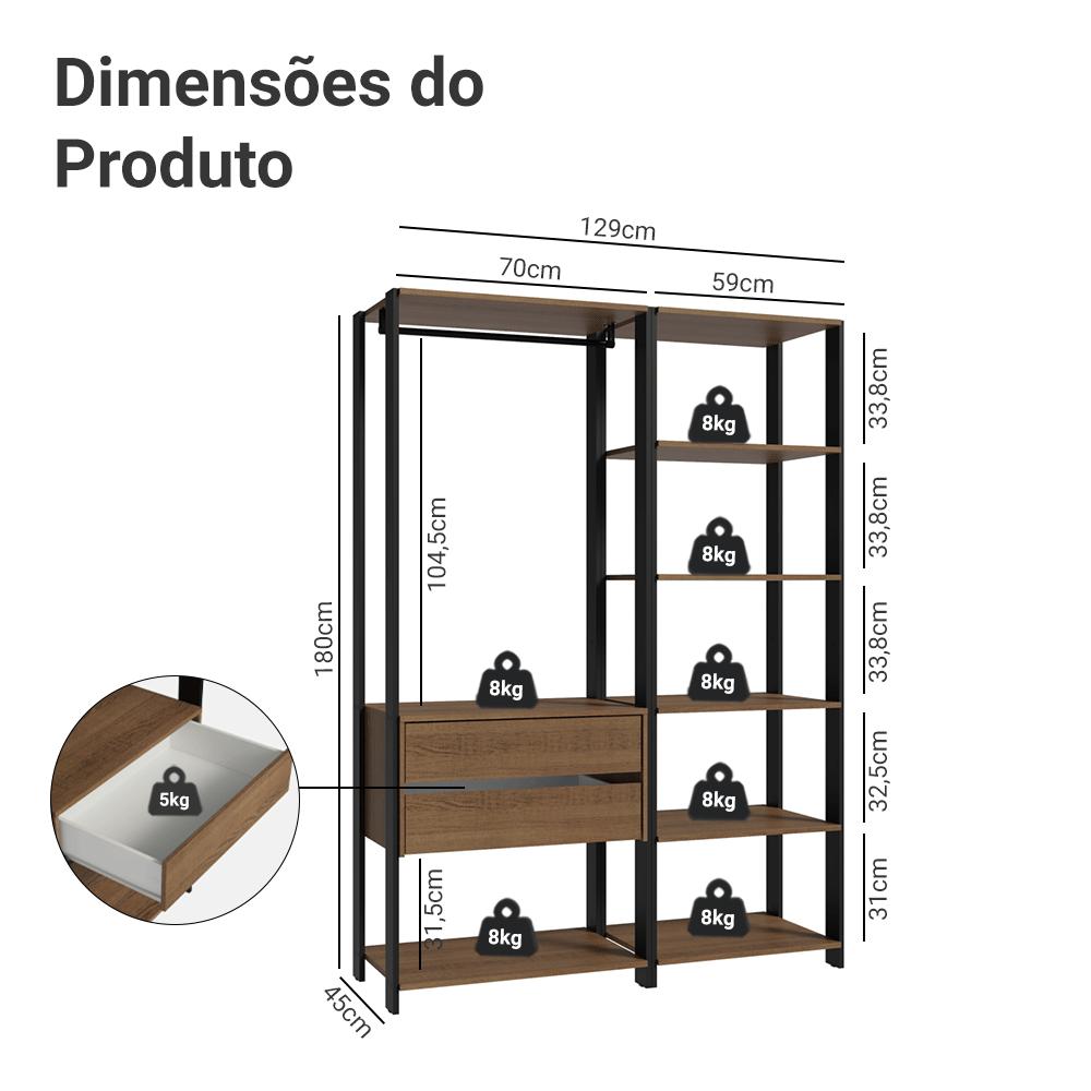 Guarda-Roupa Closet Modulado Valencia 2 Gavetas 129cm Rustic/Preto Madesa XA