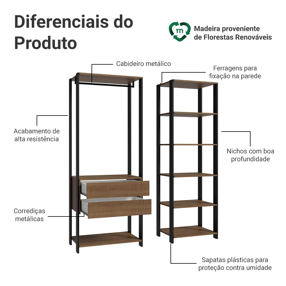 Guarda-Roupa Closet Modulado Valencia 2 Gavetas 129cm Rustic/Preto Madesa XA