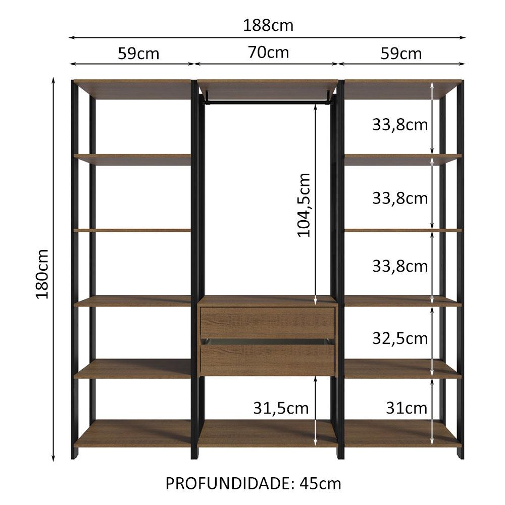 Guarda-Roupa Closet Modulado Valencia 2 Gavetas 188cm Rustic/Preto Madesa 01