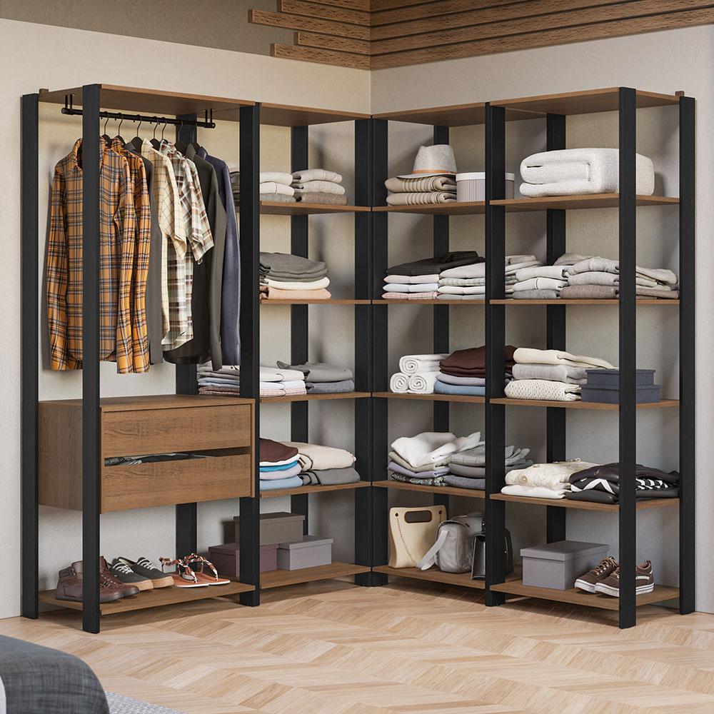 Guarda-Roupa Closet Modulado Valencia 2 Gavetas 337cm Rustic/Preto Madesa 05