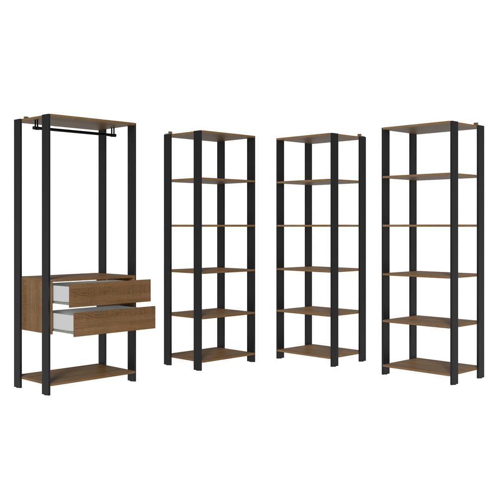 Guarda-Roupa Closet Modulado Valencia 2 Gavetas 337cm Rustic/Preto Madesa 05