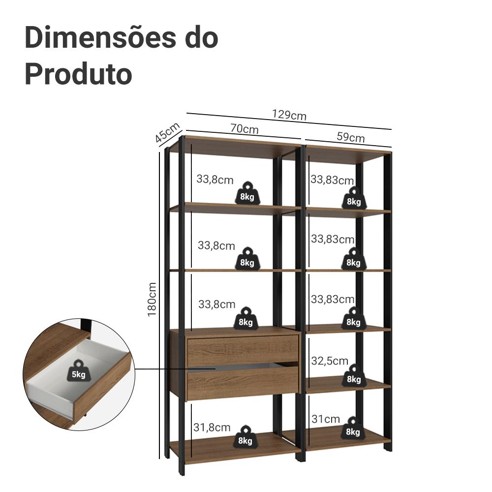 Guarda-Roupa Closet Modulado Valencia 2 Gavetas 9 Prateleiras 129cm Rustic/Preto Madesa