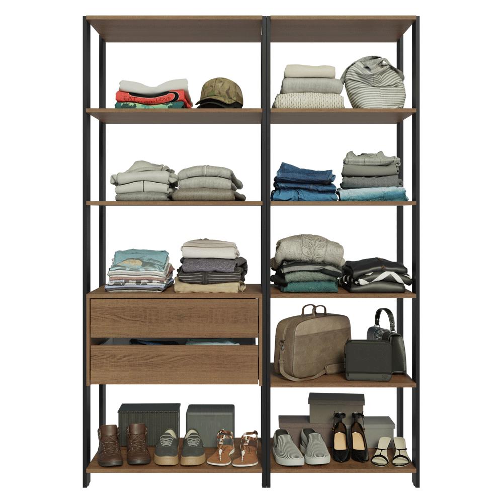 Guarda-Roupa Closet Modulado Valencia 2 Gavetas 9 Prateleiras 129cm Rustic/Preto Madesa