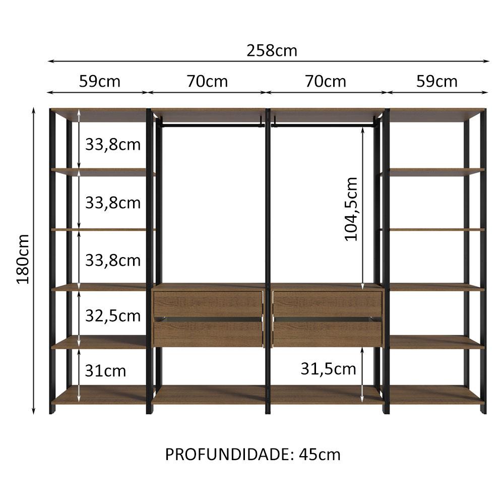 Guarda-Roupa Closet Modulado Valencia 4 Gavetas 258cm Rustic/Preto Madesa 01
