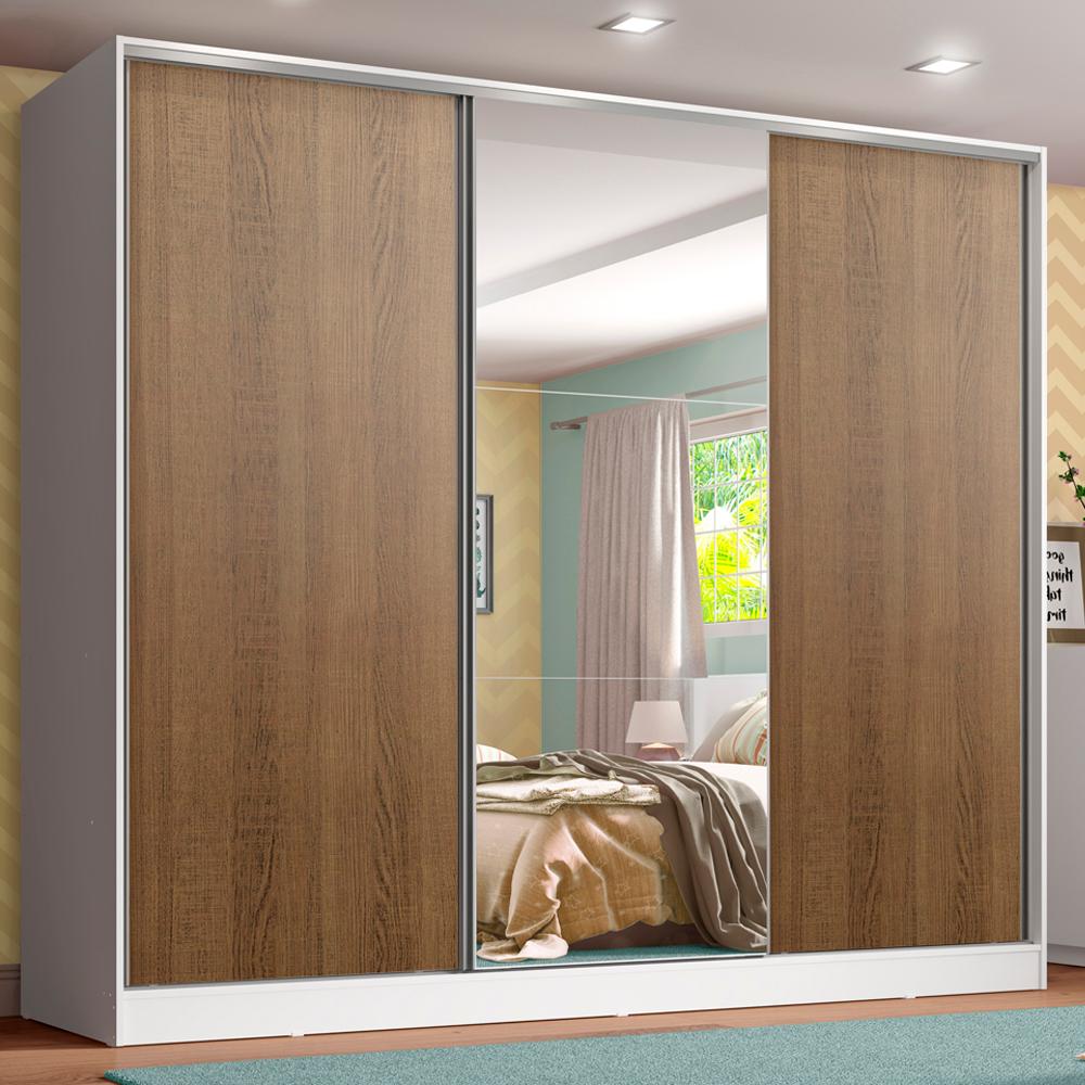 Guarda Roupa Infantil 100% MDF Madesa Logan 3 Portas de Correr com Espelho - Branco/Rustic
