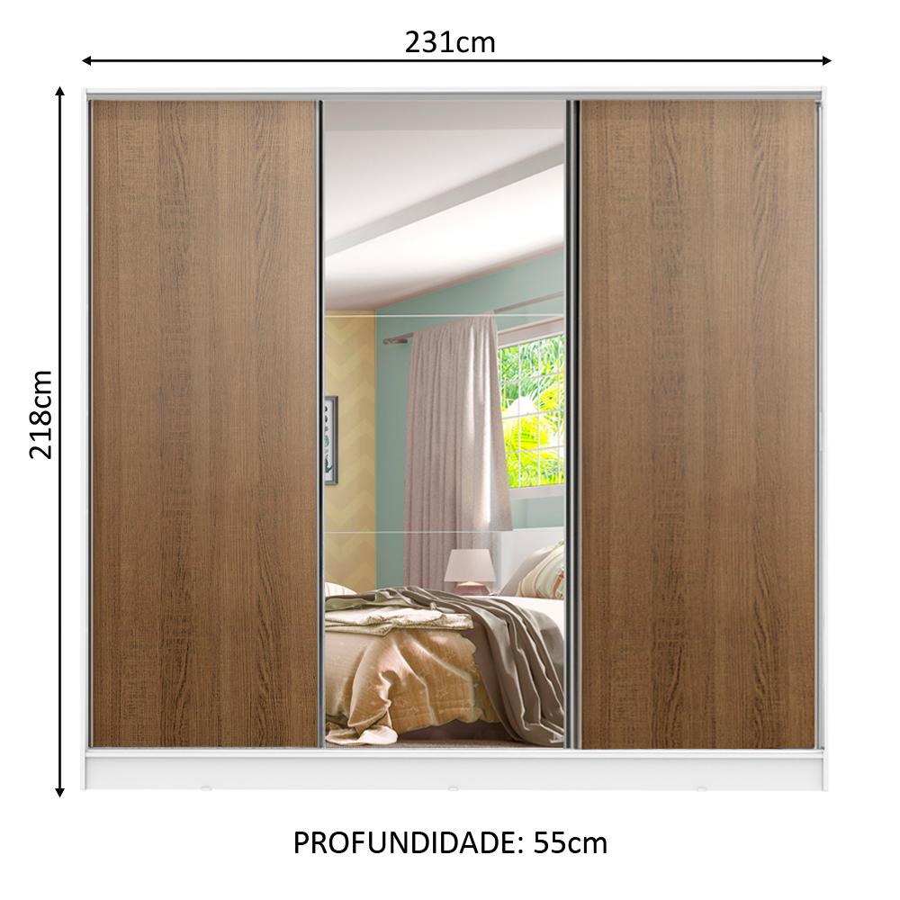 Guarda Roupa Infantil 100% MDF Madesa Logan 3 Portas de Correr com Espelho - Branco/Rustic