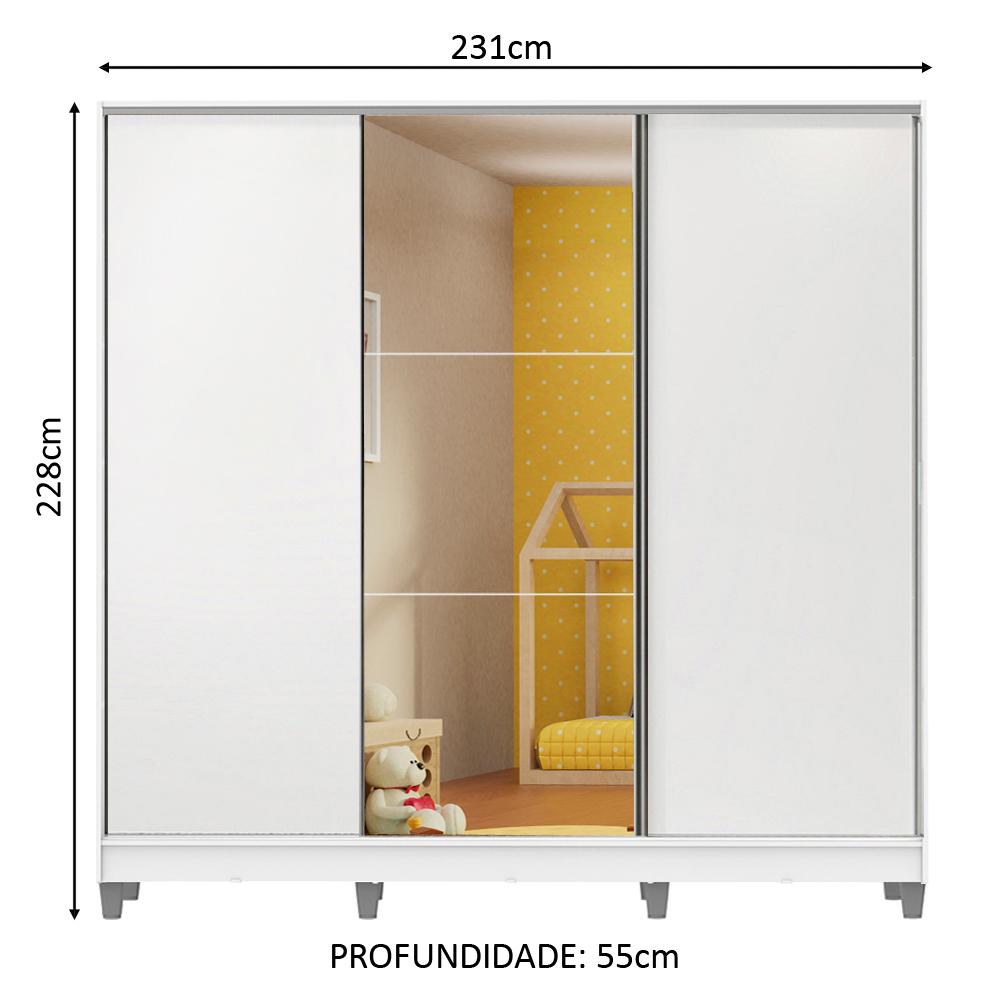 Guarda Roupa Infantil 100% MDF Madesa Logan 3 Portas de Correr com Espelho com Pés - Branco