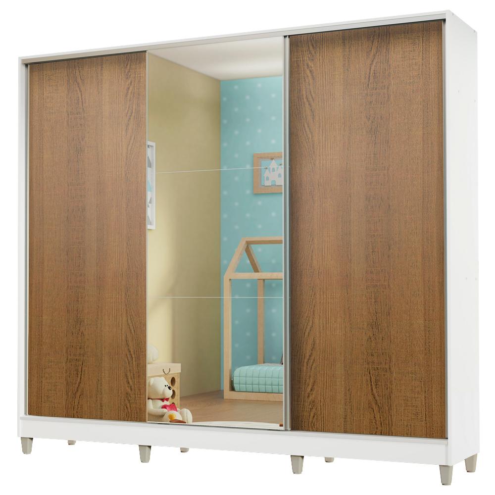 Guarda Roupa Infantil 100% MDF Madesa Logan 3 Portas de Correr com Espelho com Pés - Branco/Rustic