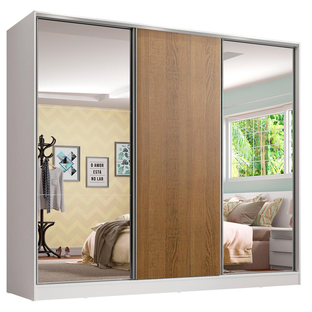 Guarda Roupa Infantil 100% MDF Madesa Logan 3 Portas de Correr com Espelhos - Branco/Rustic