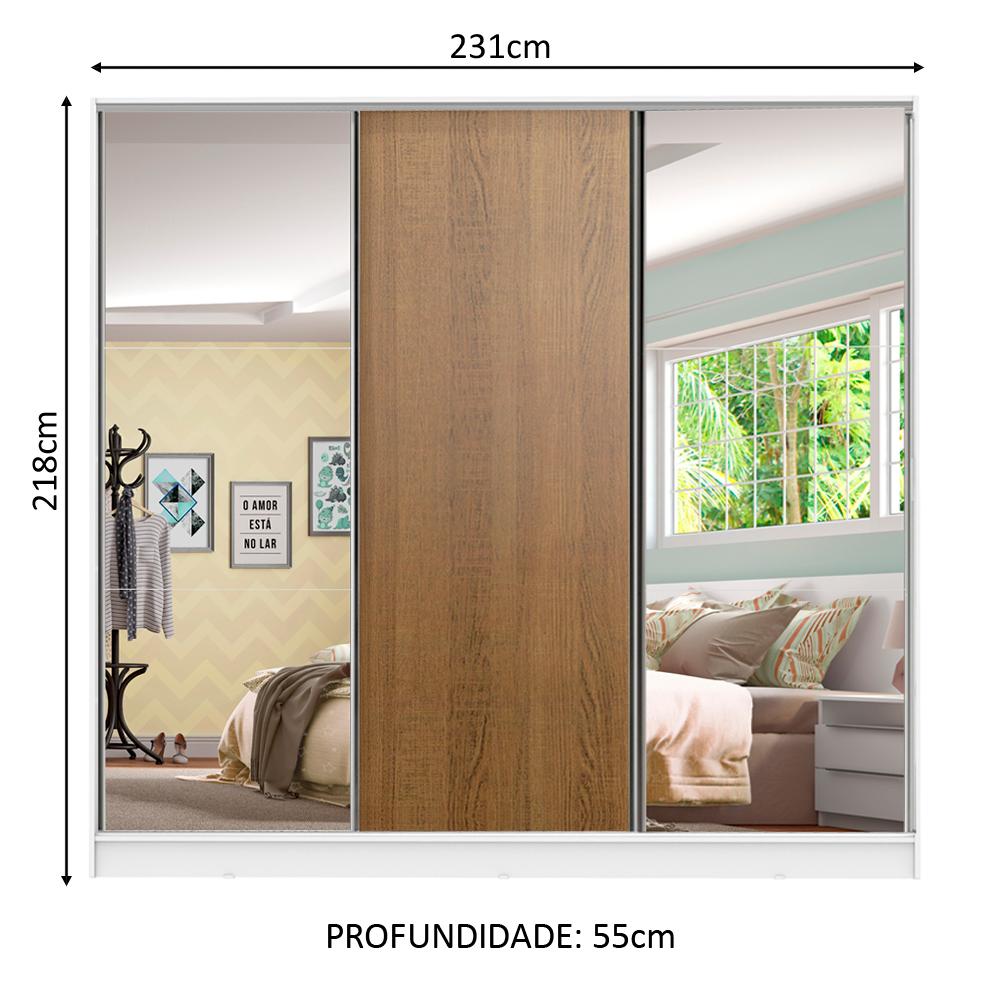 Guarda Roupa Infantil 100% MDF Madesa Logan 3 Portas de Correr com Espelhos - Branco/Rustic