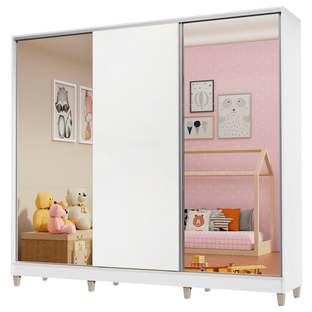 Guarda Roupa Infantil 100% MDF Madesa Logan 3 Portas de Correr com Espelhos com Pés - Branco