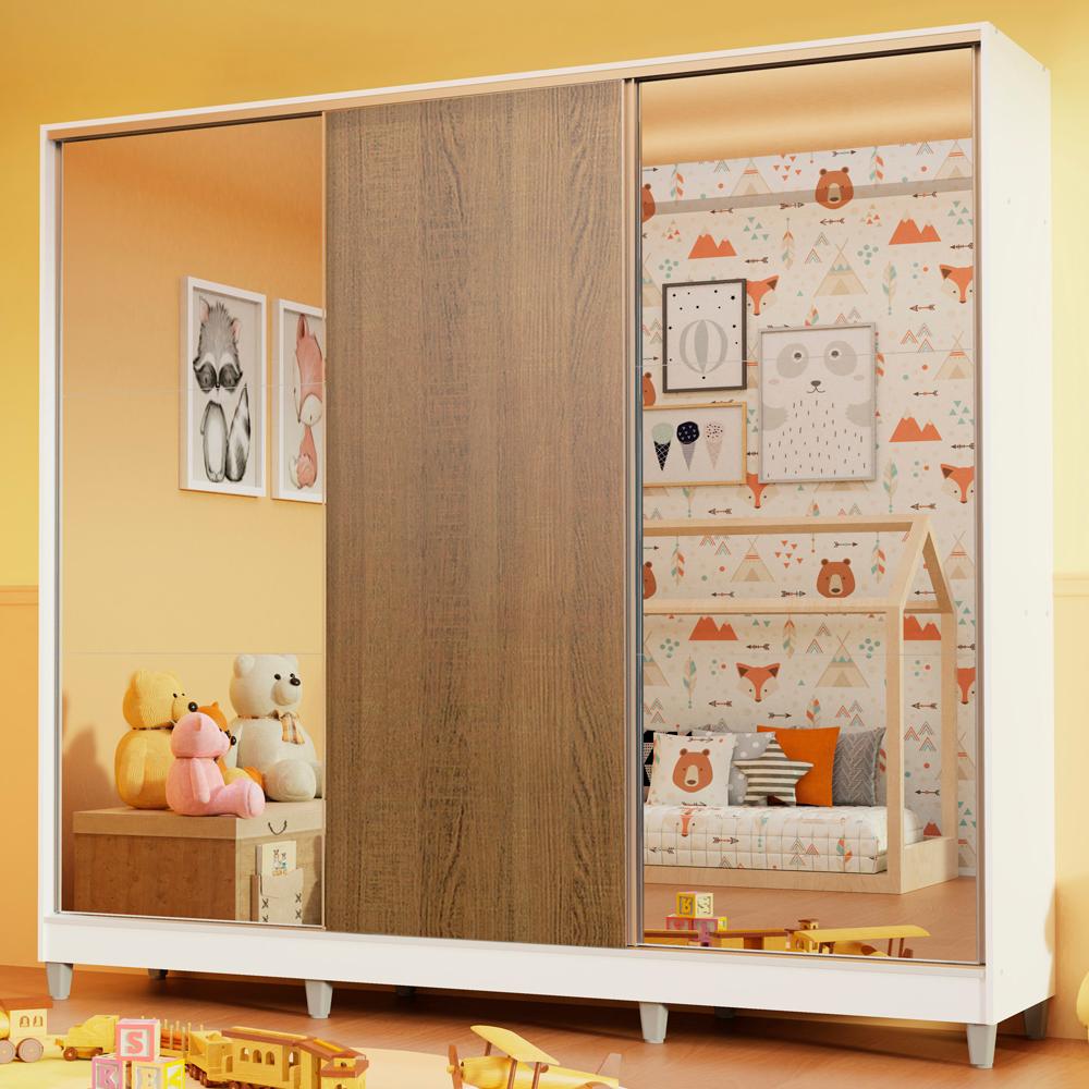 Guarda Roupa Infantil 100% MDF Madesa Logan 3 Portas de Correr com Espelhos com Pés - Branco/Rustic