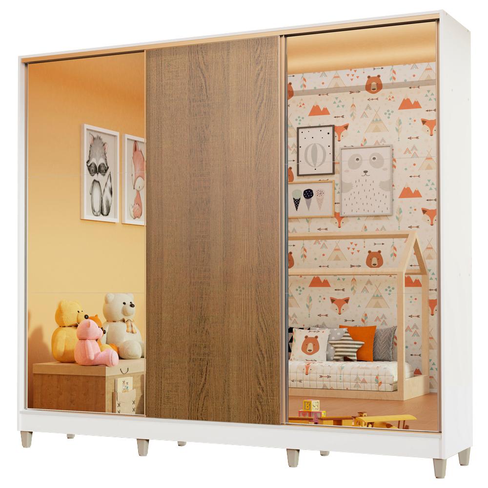 Guarda Roupa Infantil 100% MDF Madesa Logan 3 Portas de Correr com Espelhos com Pés - Branco/Rustic