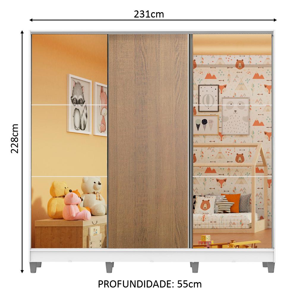 Guarda Roupa Infantil 100% MDF Madesa Logan 3 Portas de Correr com Espelhos com Pés - Branco/Rustic